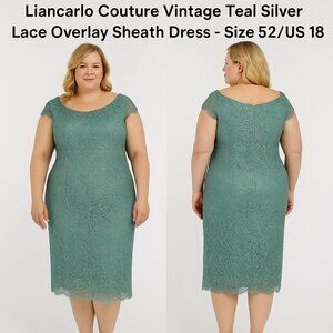 Liancarlo Couture Vintage Teal Silver Lace Overlay Sheath Dress Sz 52 / US 16-18